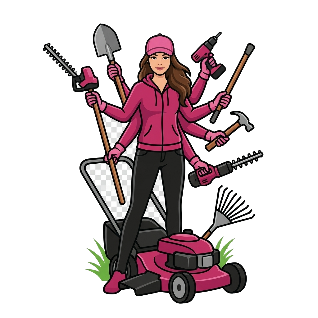 Jaz Of All Trades — official logo of Jasmine Appleby holding multiple gardening tools